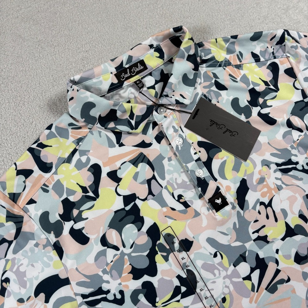 Bad Birdie Savannah Swing Core Polo Shirt Mens‎ XL Multi Abstract Floral Stretch